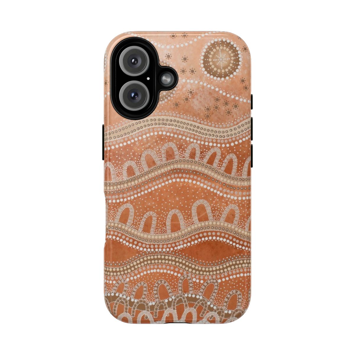 Magnetic phone case featuring vibrant aboriginal art design with dots, circles, and earthy tones.