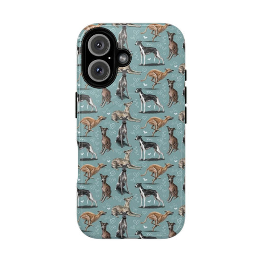 Magnetic tough phone case featuring a whippet, sighthound, or greyhound breed pattern design