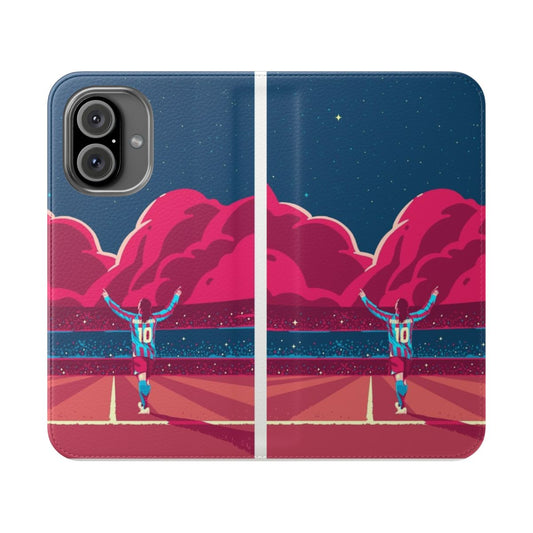 Vibrant flip phone case featuring artistic rendering of soccer legend Ronaldinho