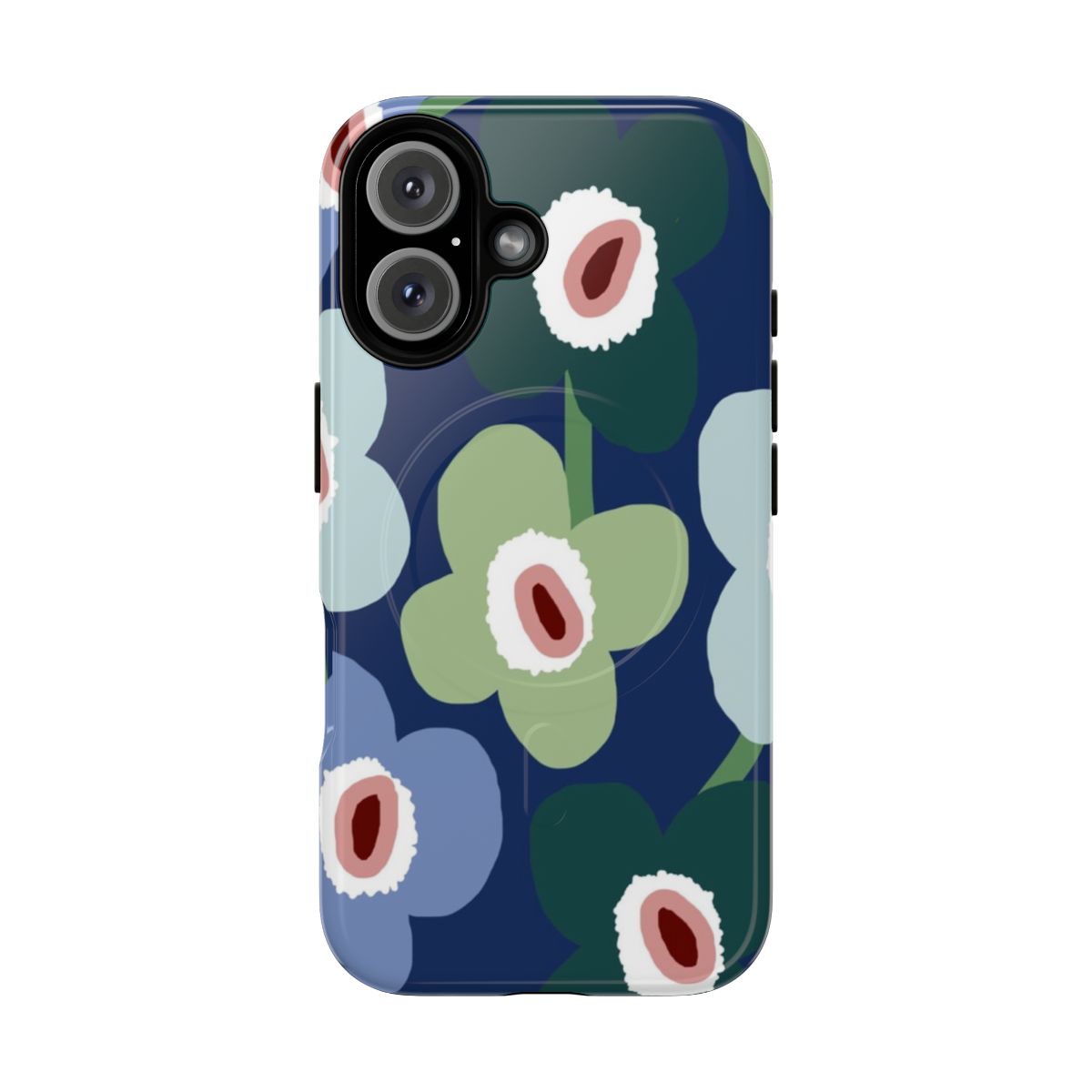 Vibrant blue and green floral pattern on a magnetic phone case