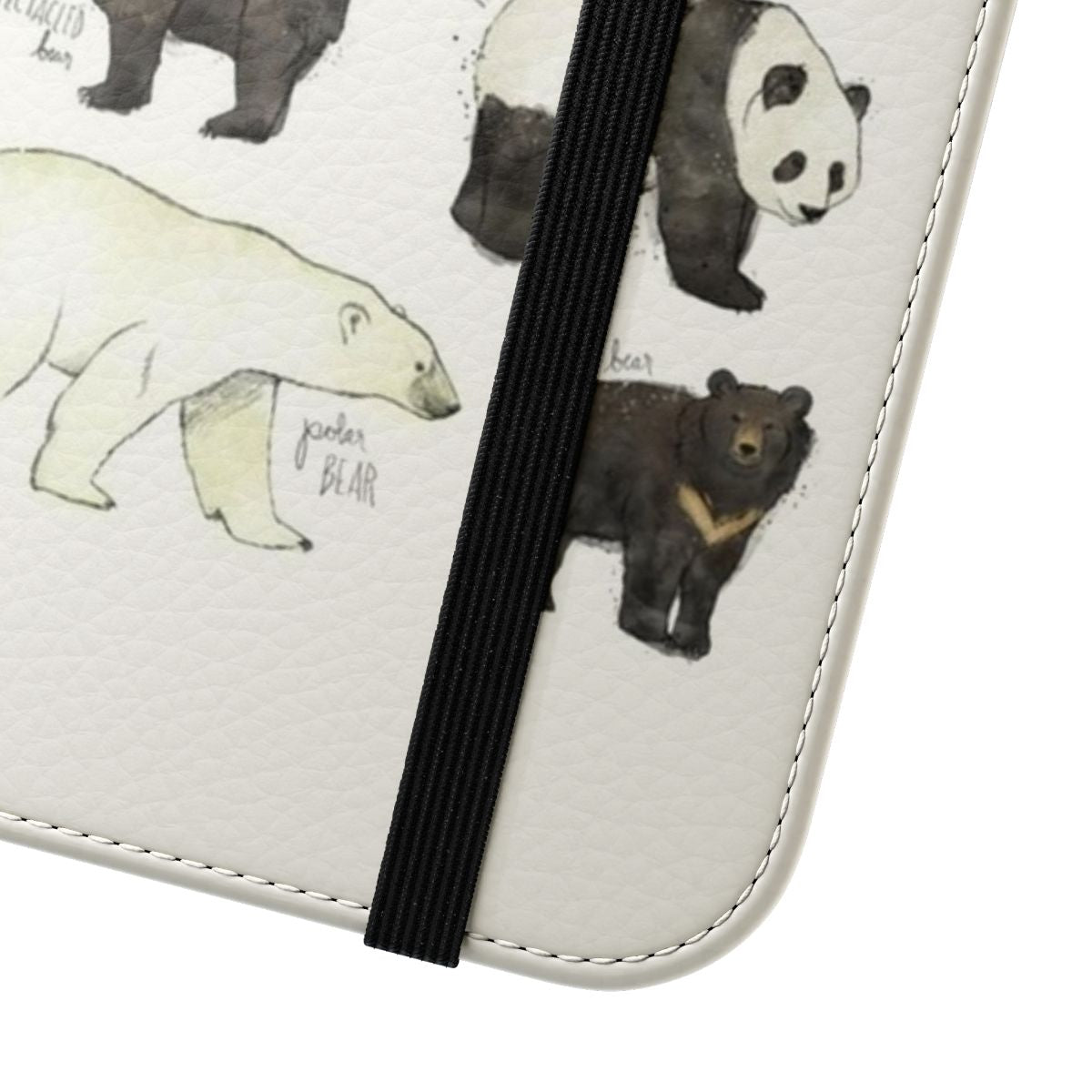 A stylish flip cover phone case featuring an illustration of a bear in a natural setting. - Close Up