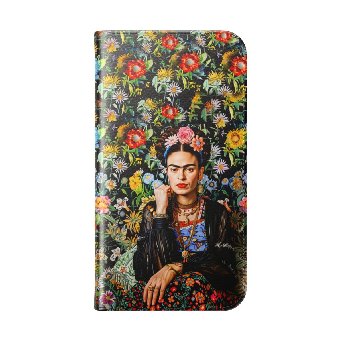 Frida Kahlo inspired phone case with colorful floral design - Folded Back