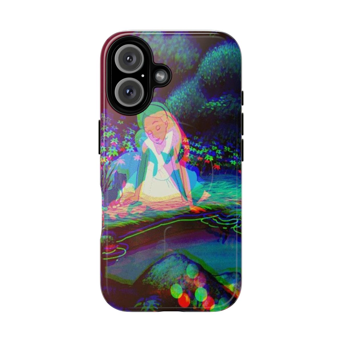 Vibrant and colorful trippy phone case featuring Alice in Wonderland imagery