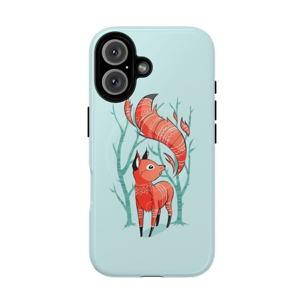 A winter-themed magnetic phone case featuring a cute, fantasy fox design.