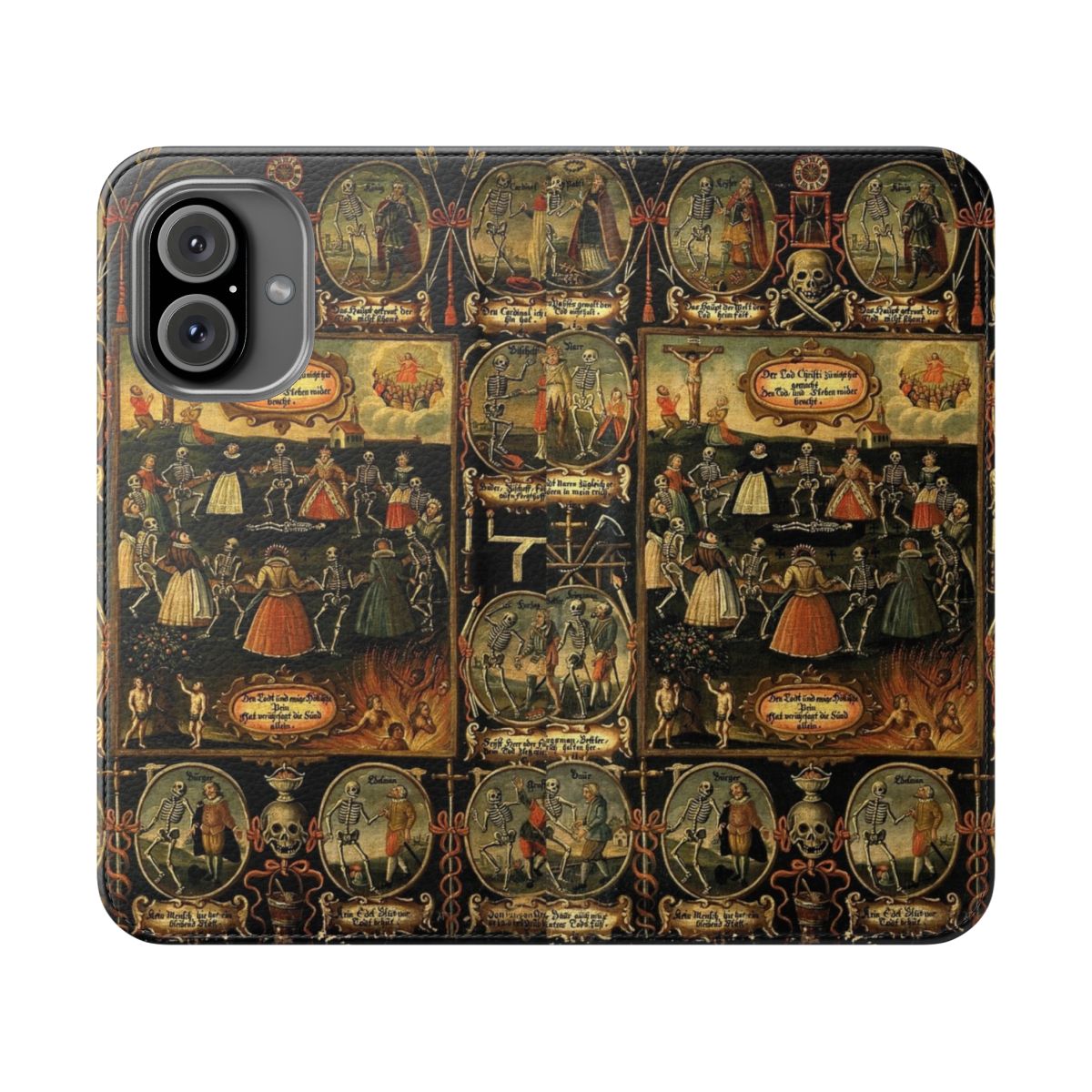 A gothic-inspired flip cover phone case featuring a danse macabre design with skulls and skeletons.