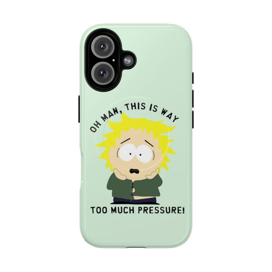 Magnetic tough phone cases with images of South Park characters Tweek Tweak, Stan Marsh, Kyle Broflovski, Eric Cartman, and Kenny McCormick.