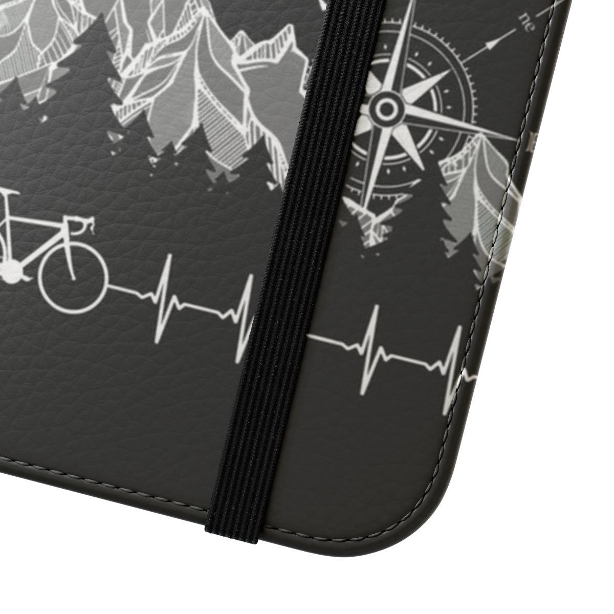 Cycling phone case with mountains, compass, and bicycle design - Close Up