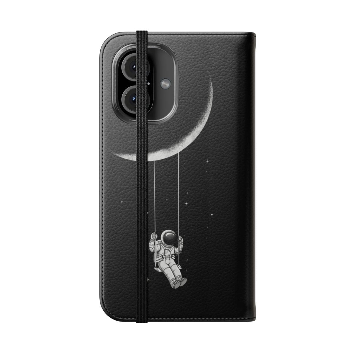 Minimalist black and white phone case with abstract "moon swing" design for sci-fi enthusiasts - Folded Front