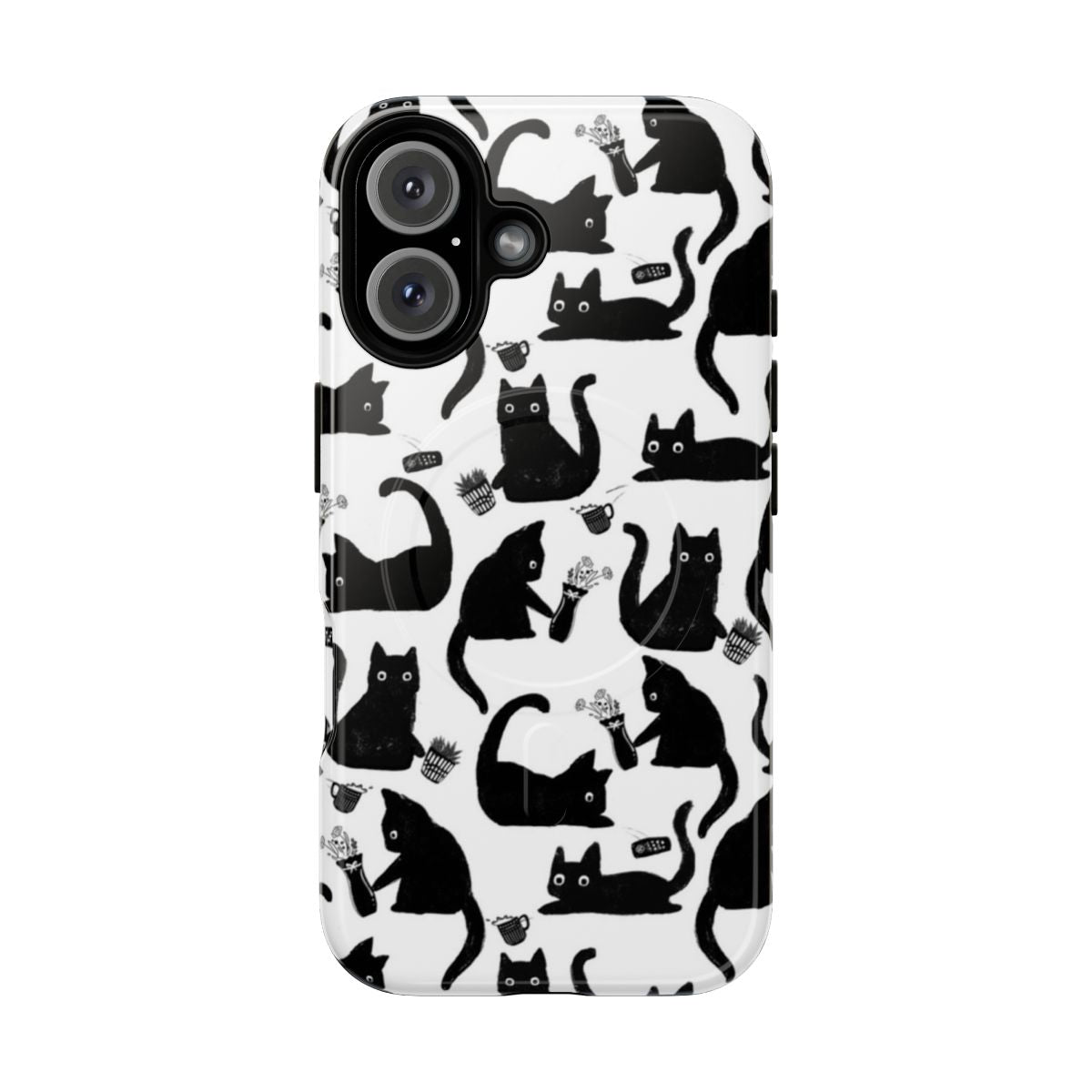 Magnetic tough phone case featuring a whimsical pattern of cats knocking over items