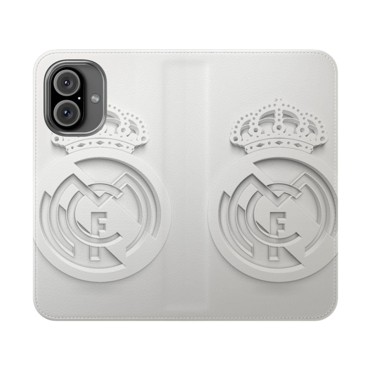 White flip cover phone case with a Madrid-inspired design