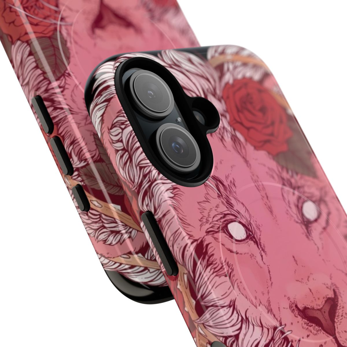 Pink lion phone case with crystal gems and roses - Detail