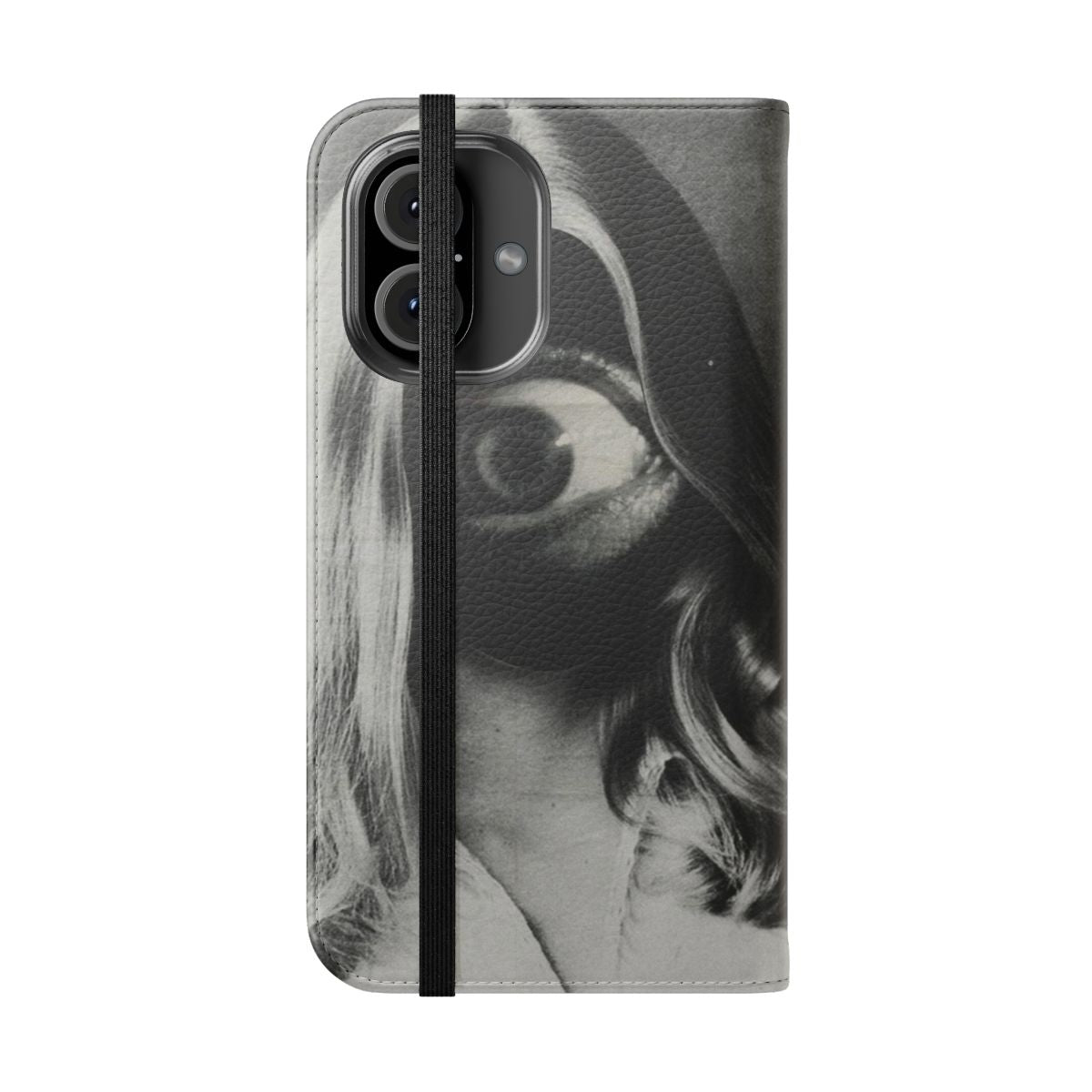 Surreal and creepy phone case cover featuring an unsettling vintage-style collage design with eyes and a woman's face. - Folded Front