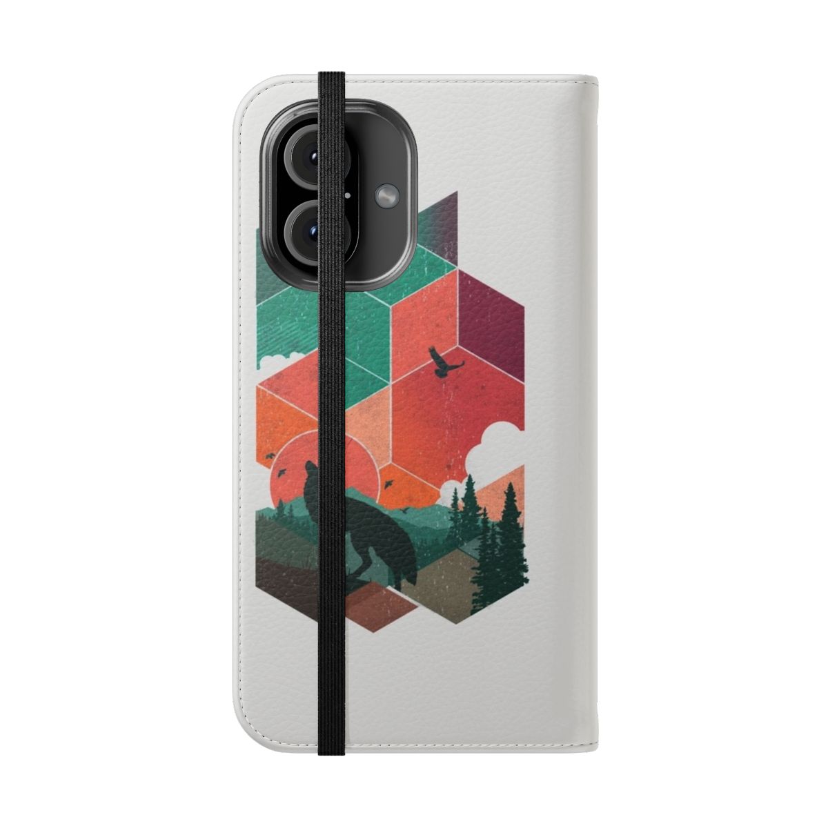 A natural, geometric-themed phone case featuring a fox silhouette against a colorful sunset. - Folded Front