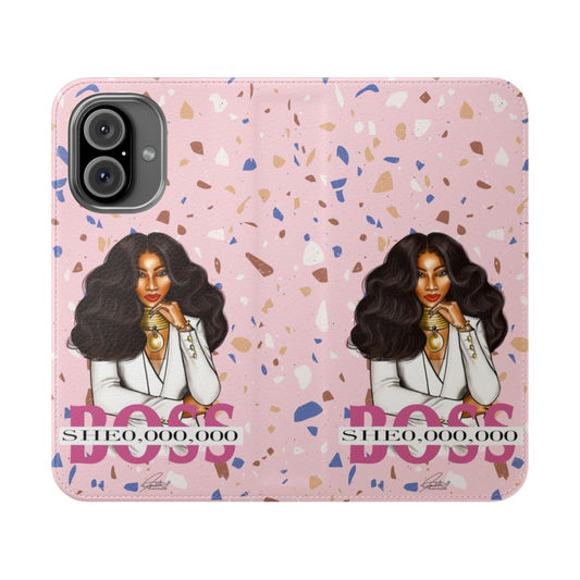 Stylish flip cover phone case featuring a black girl fashion illustration