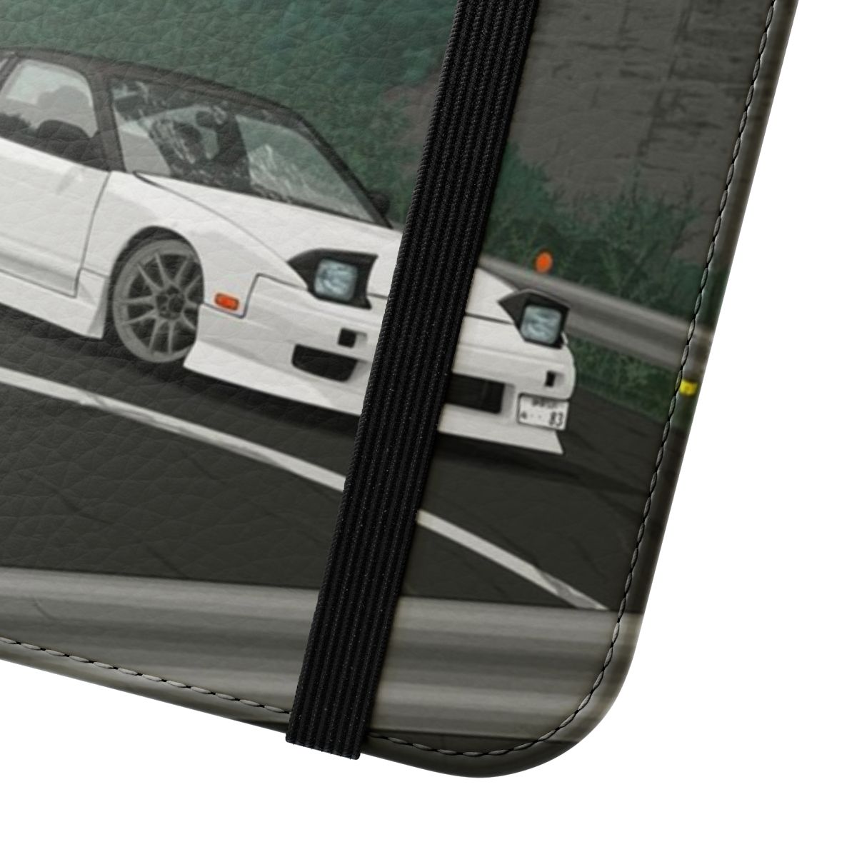 Flip cover phone case featuring a Nissan S13 180sx drift design - Close Up