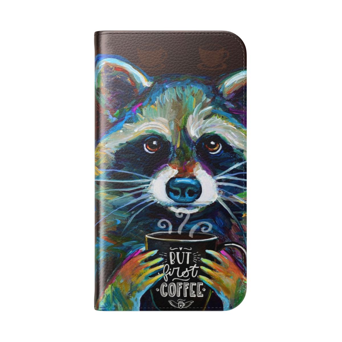 Cute raccoon-themed flip cover phone case with "But First Coffee" design - Folded Back