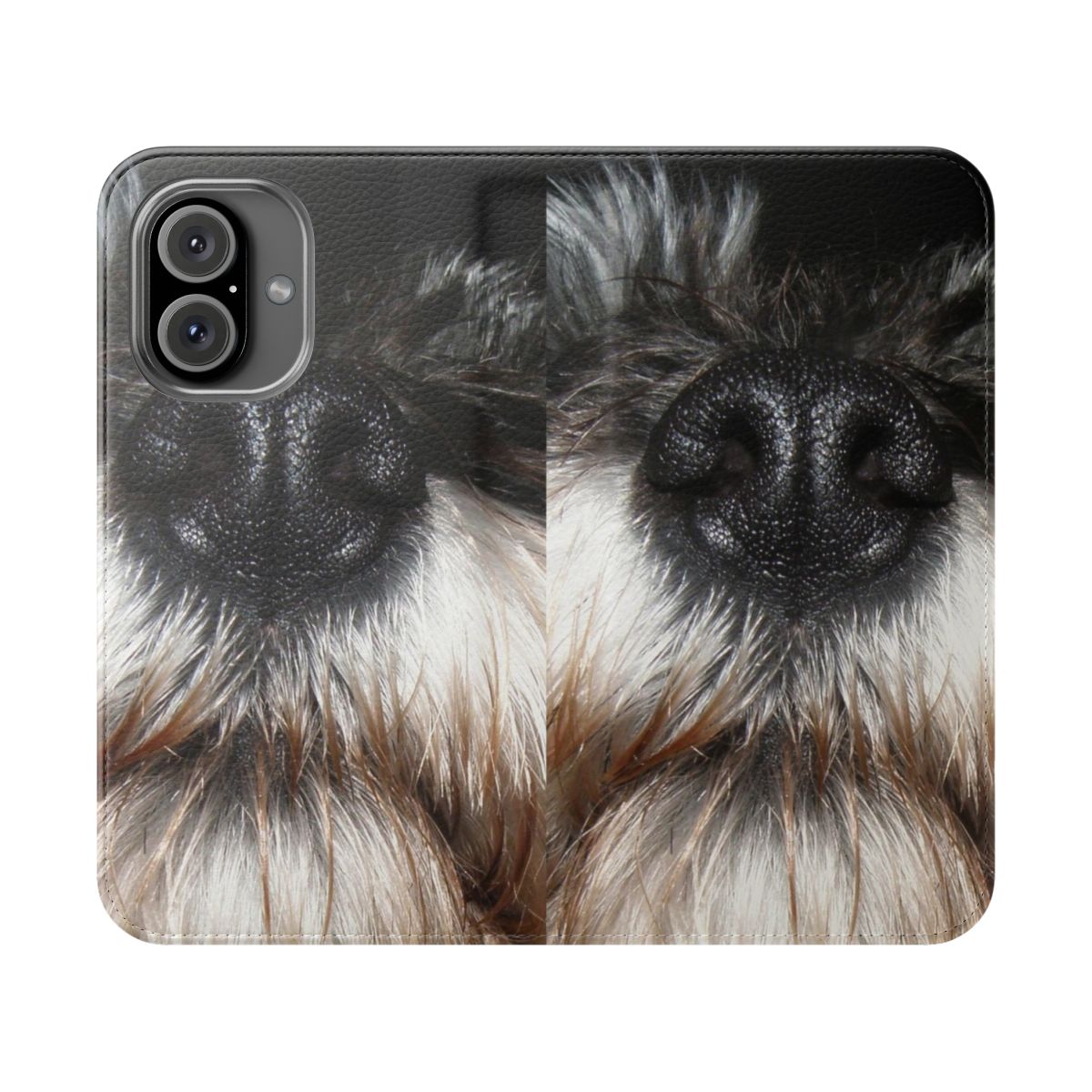 A flip phone case with a close-up image of a schnauzer dog's nose