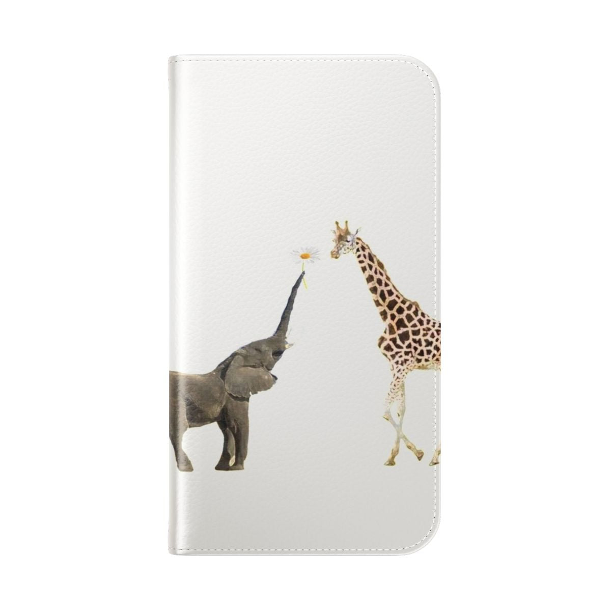 Colorful phone case featuring a whimsical giraffe and elephant design with daisies and a floral pattern. - Folded Back