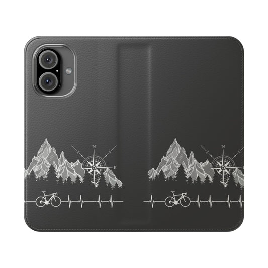 Cycling phone case with mountains, compass, and bicycle design