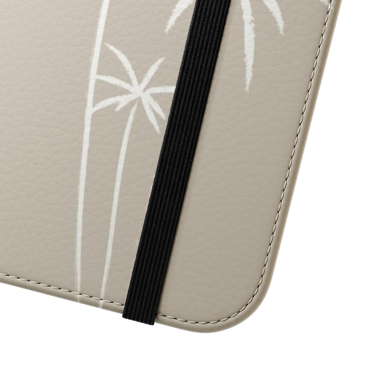 A boho-inspired phone case featuring a sketch design of three palm trees against a white and beige background. - Close Up