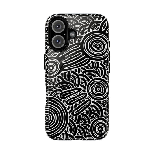 Authentic aboriginal art phone case featuring black and white indigenous Australian designs.