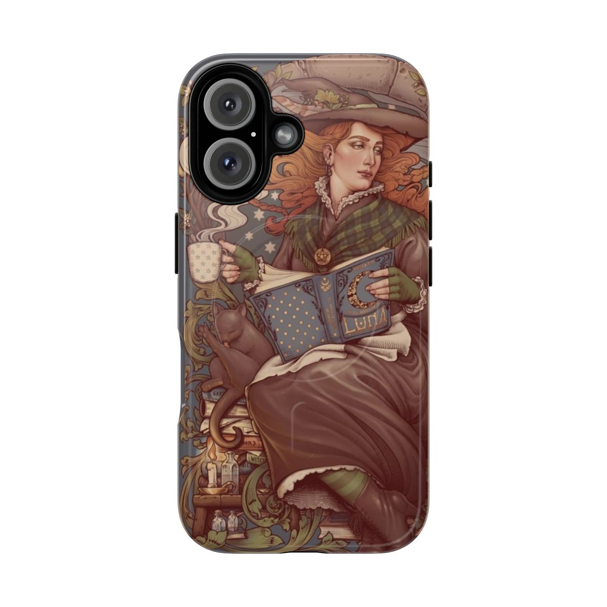 Magnetic tough phone case featuring a bohemian, gothic art nouveau design with a cat, witch, and lemon tree motif.