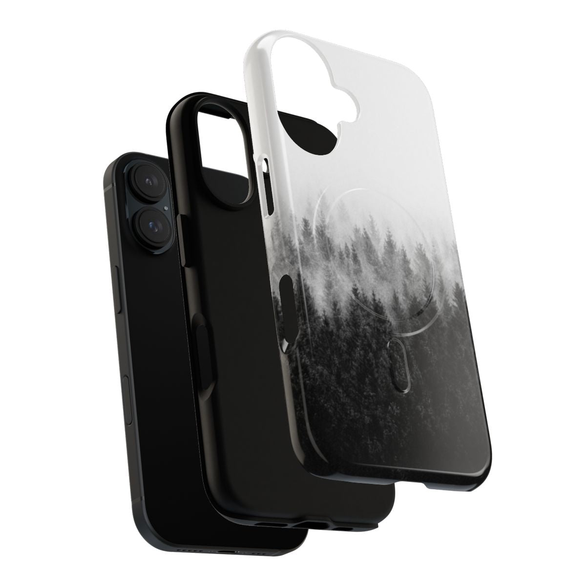 A magnetic phone case featuring a moody, romantic forest landscape with trees covered in misty fog. - Layers