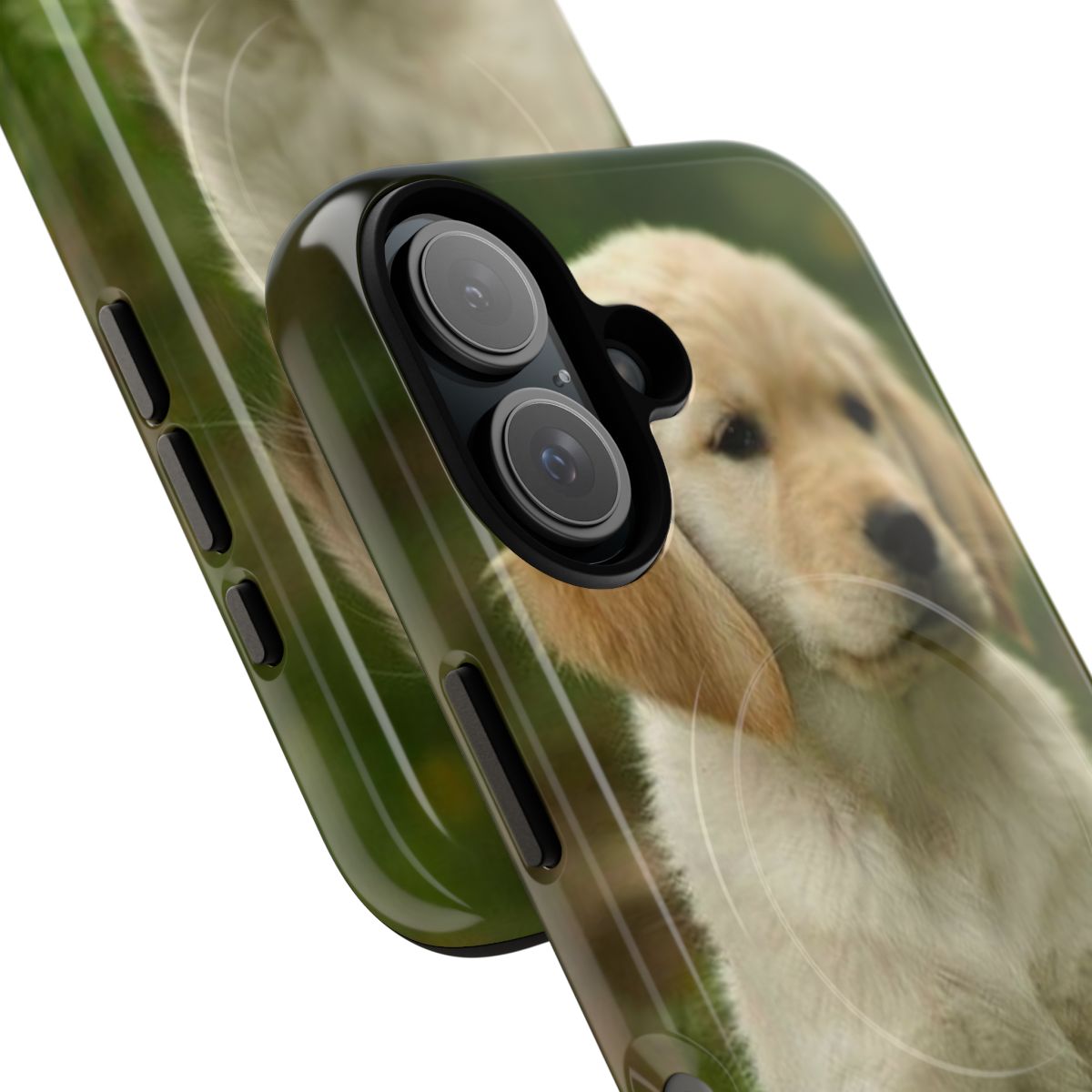 A magnetic and durable phone case featuring an adorable golden retriever puppy design. - Detail