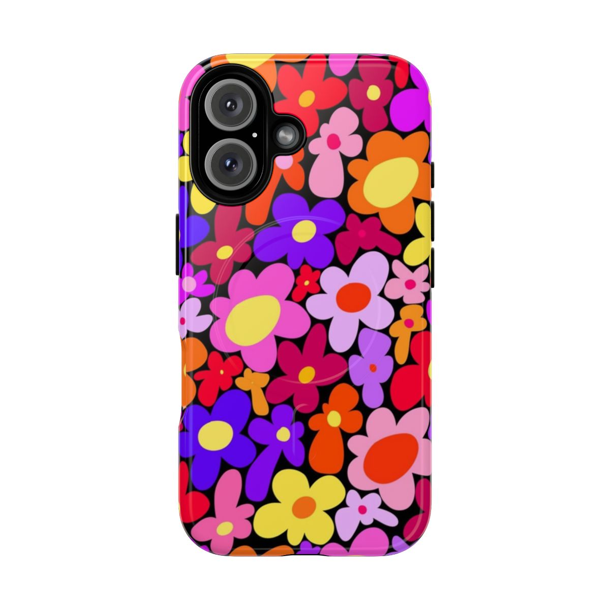 Colorful floral and botanical phone case design with pink, purple, yellow, and orange flowers and leaves