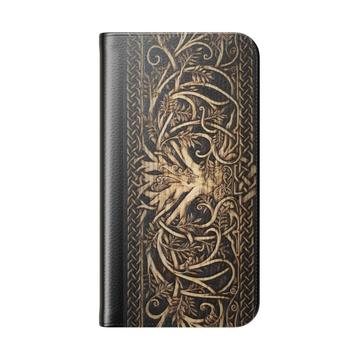 Yggdrasil-inspired flip cover phone case featuring the tree of life from Norse mythology - Folded Back