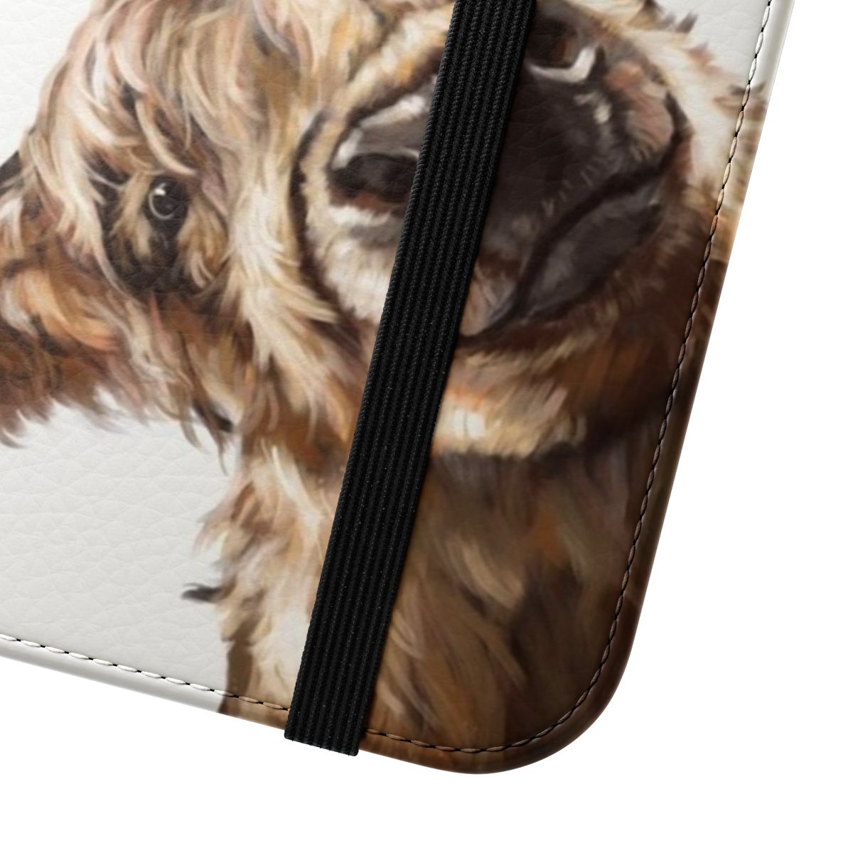 A flip cover phone case featuring a cute, sneaky-looking highland cow with a big nose. - Close Up