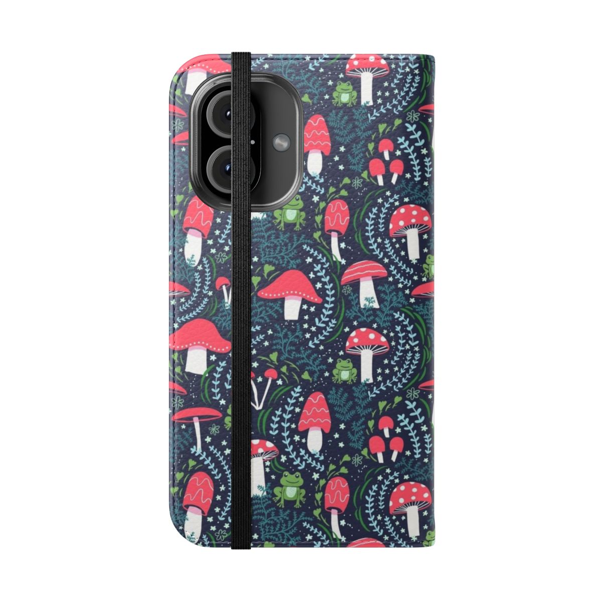 Illustration of mushrooms, toadstools, and frogs on a flip cover phone case - Folded Front