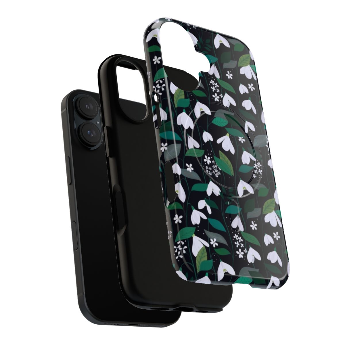 Snowdrop floral pattern on a black phone case with delicate botanical leaves - Layers