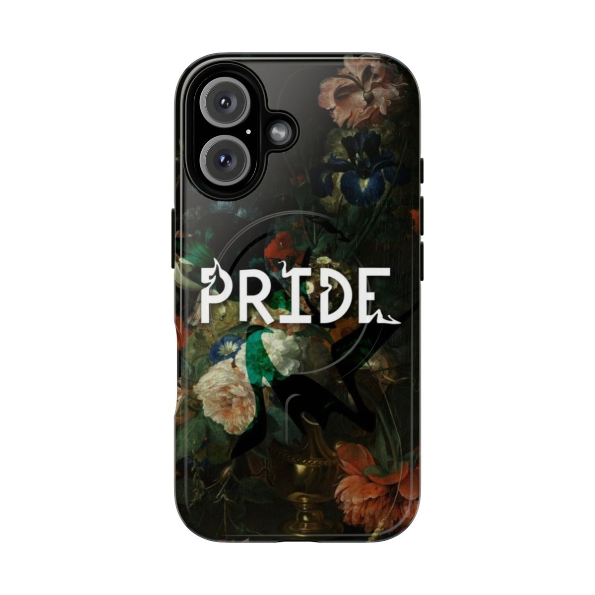 Pride-themed phone case featuring floral and seven deadly sins design