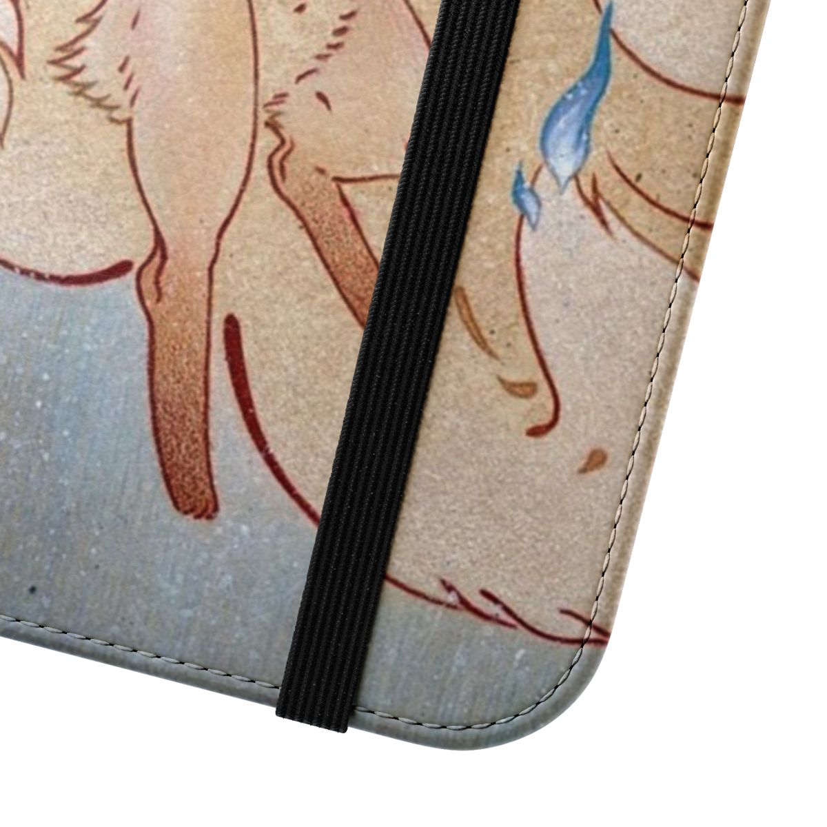 Stunning watercolor and color pencil illustration of a nine-tailed kitsune fox against a crescent moon and starry night sky, featured on a sleek flip cover phone case. - Close Up