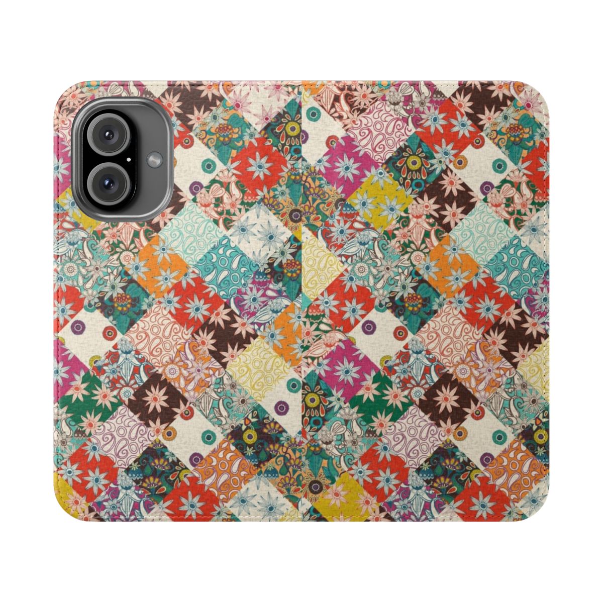 Vibrant patchwork phone case with a colorful, bohemian floral design