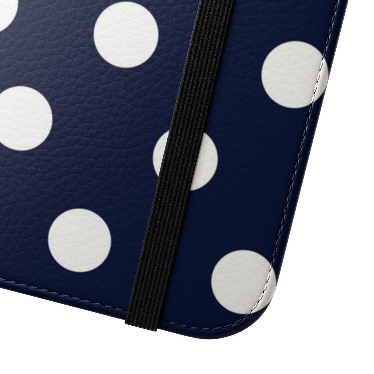 Navy blue and white large polka dot pattern on a minimalist flip phone case - Close Up