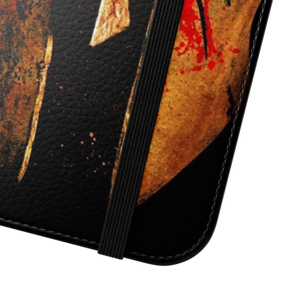 Spartan-themed flip cover phone case with dark art and bloody drip design - Close Up