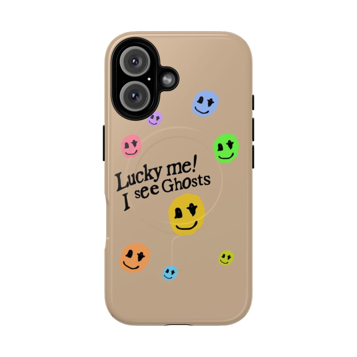 Colorful rainbow phone case with magnetic closure and tough protection, featuring a smiley face and pop culture inspired design