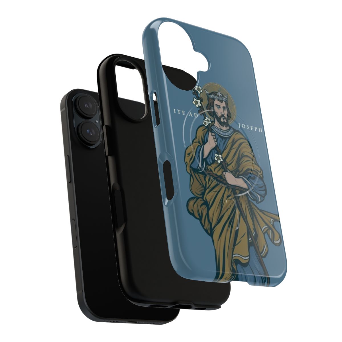 Magnetic Catholic phone case featuring the "Ite Ad Joseph" design - Layers