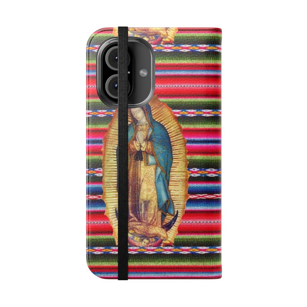 A flip cover phone case featuring an image of the Virgin Mary, also known as Our Lady of Guadalupe, a beloved figure in Catholicism and Mexican culture. - Folded Front