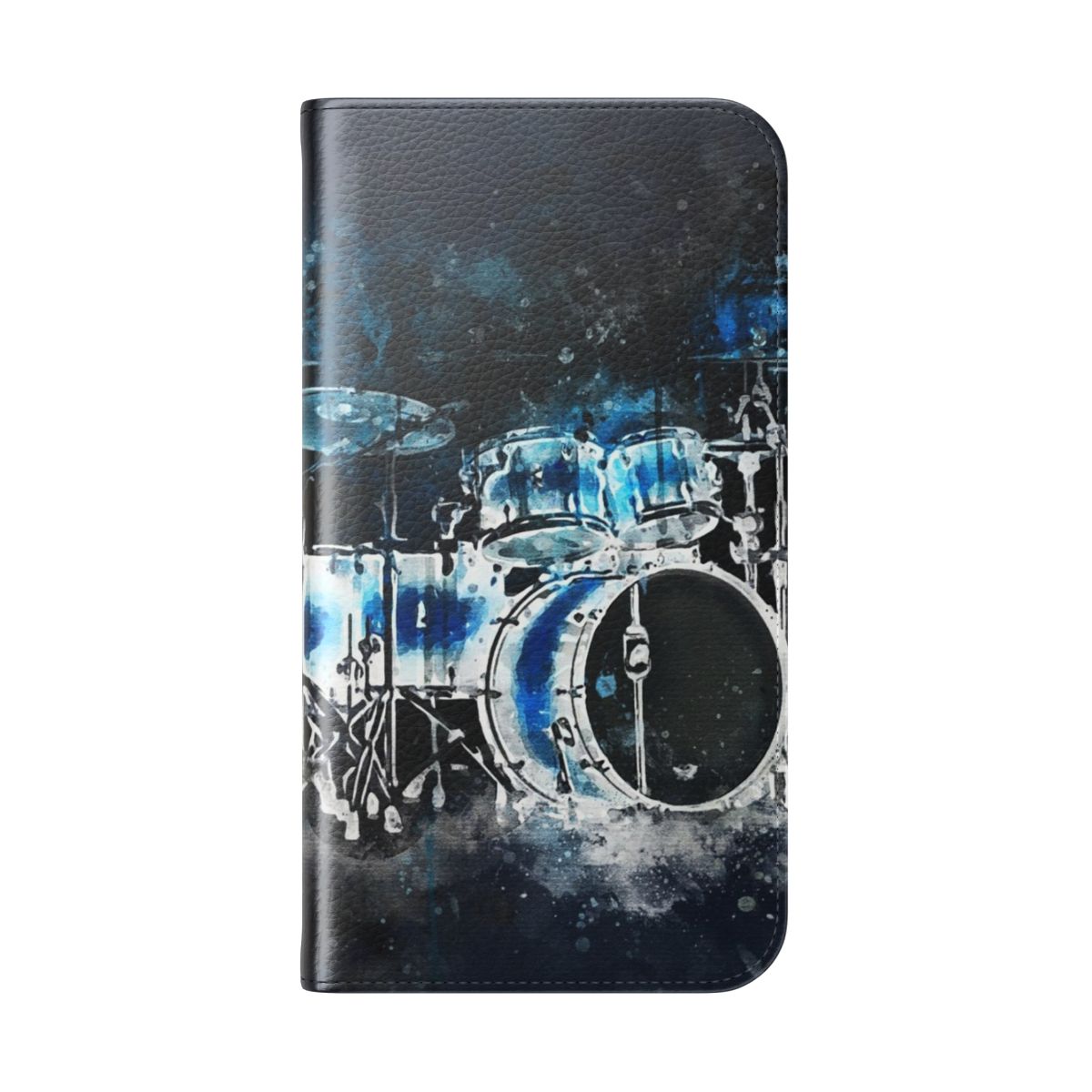 Vibrant flip phone case with a drum kit design, perfect for musicians and music fans. - Folded Back