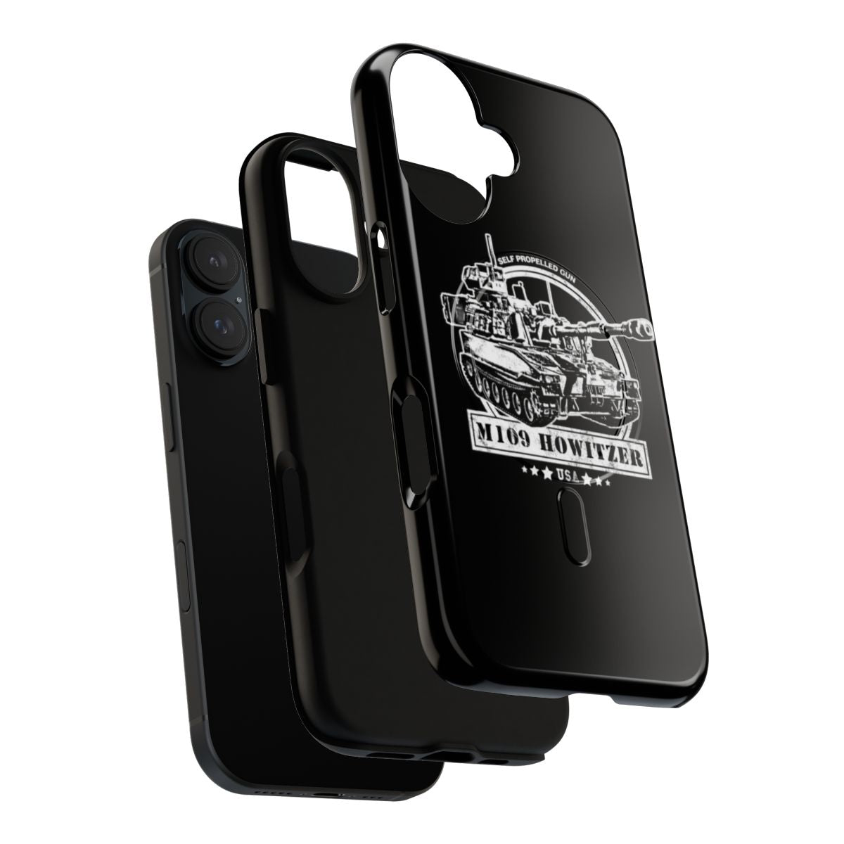 Durable mobile phone case featuring the silhouette of the M109 self-propelled howitzer, a renowned US Army artillery vehicle. - Layers