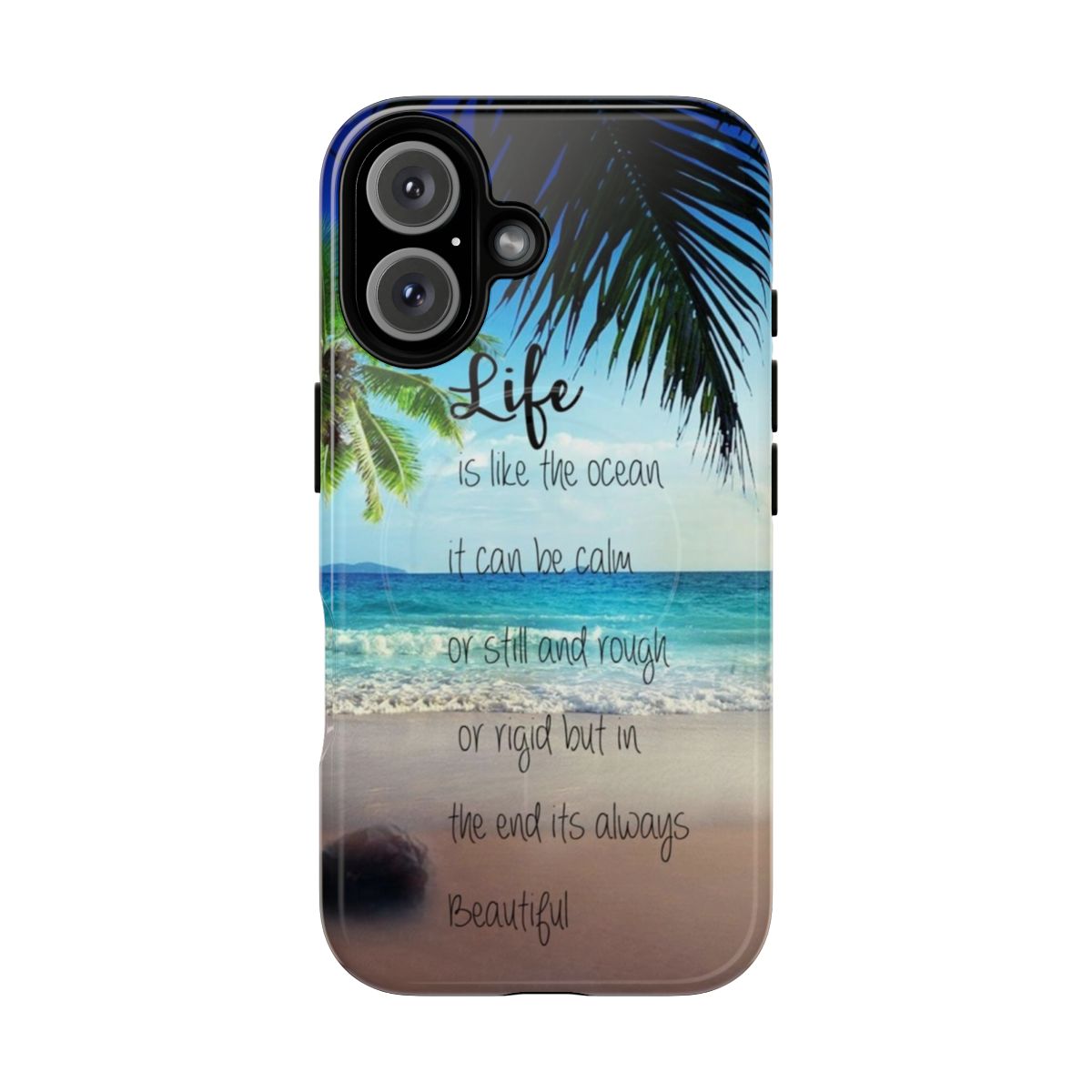 A close-up of a phone case with a scenic beach and ocean landscape design