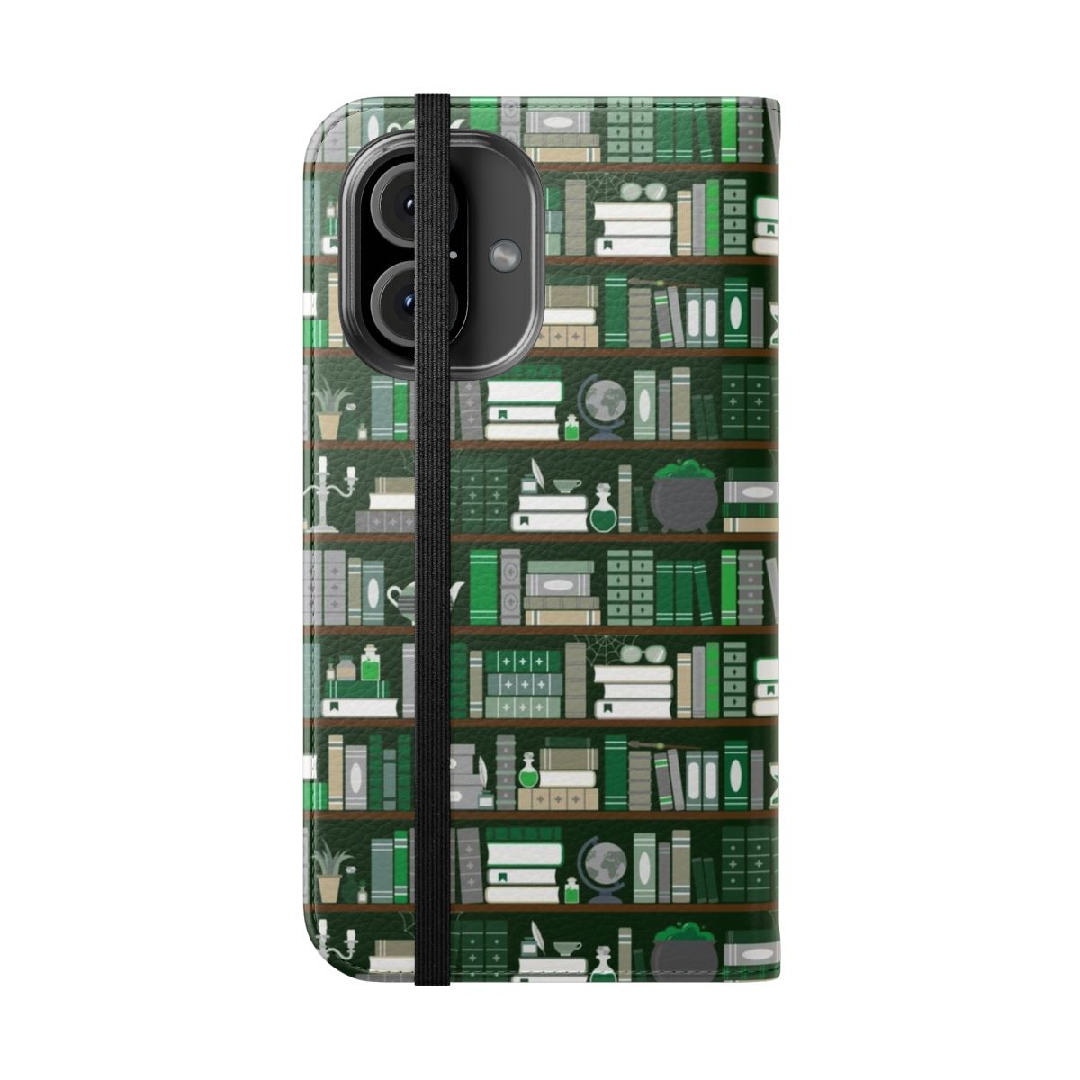 Flip cover phone case with a green and grey book pattern design - Folded Front