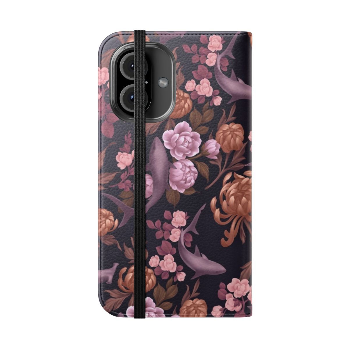 Botanical sharks floral pattern on a pink and gold phone case - Folded Front