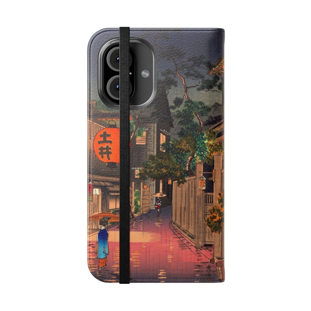 Flip cover phone case featuring a traditional Japanese woodblock art design. - Folded Front