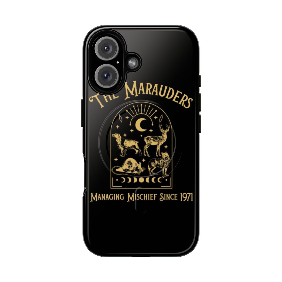 A magnetic phone case featuring the Marauders logo and "Mischief Managed" text from the Harry Potter series.