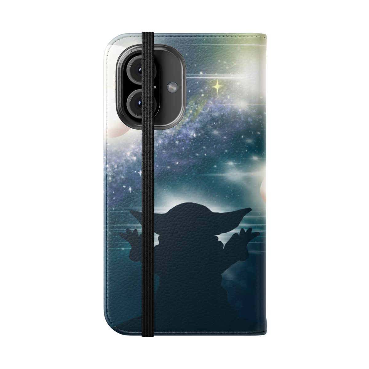 A flip cover phone case featuring a silhouetted child watching a starry, galactic sky - Folded Front