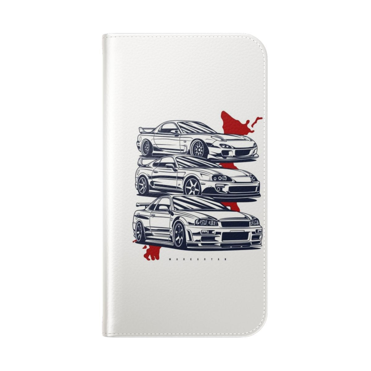 Flip cover phone case featuring JDM cars like RX7, Skyline GTR, and Supra - Folded Back